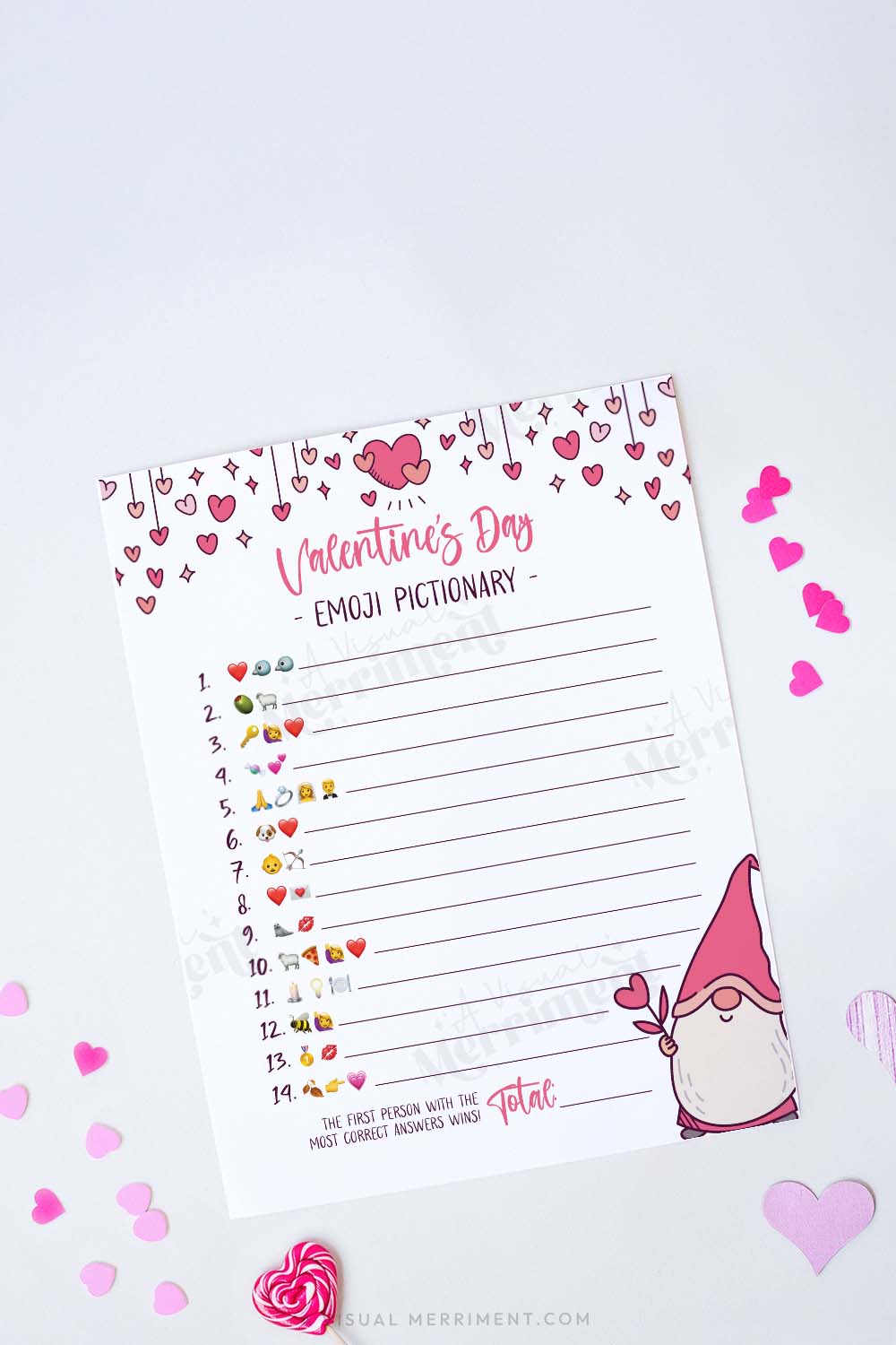 Valentine's Day emoji pictionary game sheet with a gnome and hearts