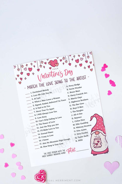 Valentine match the love song to the artist game sheet with a gnome and hearts