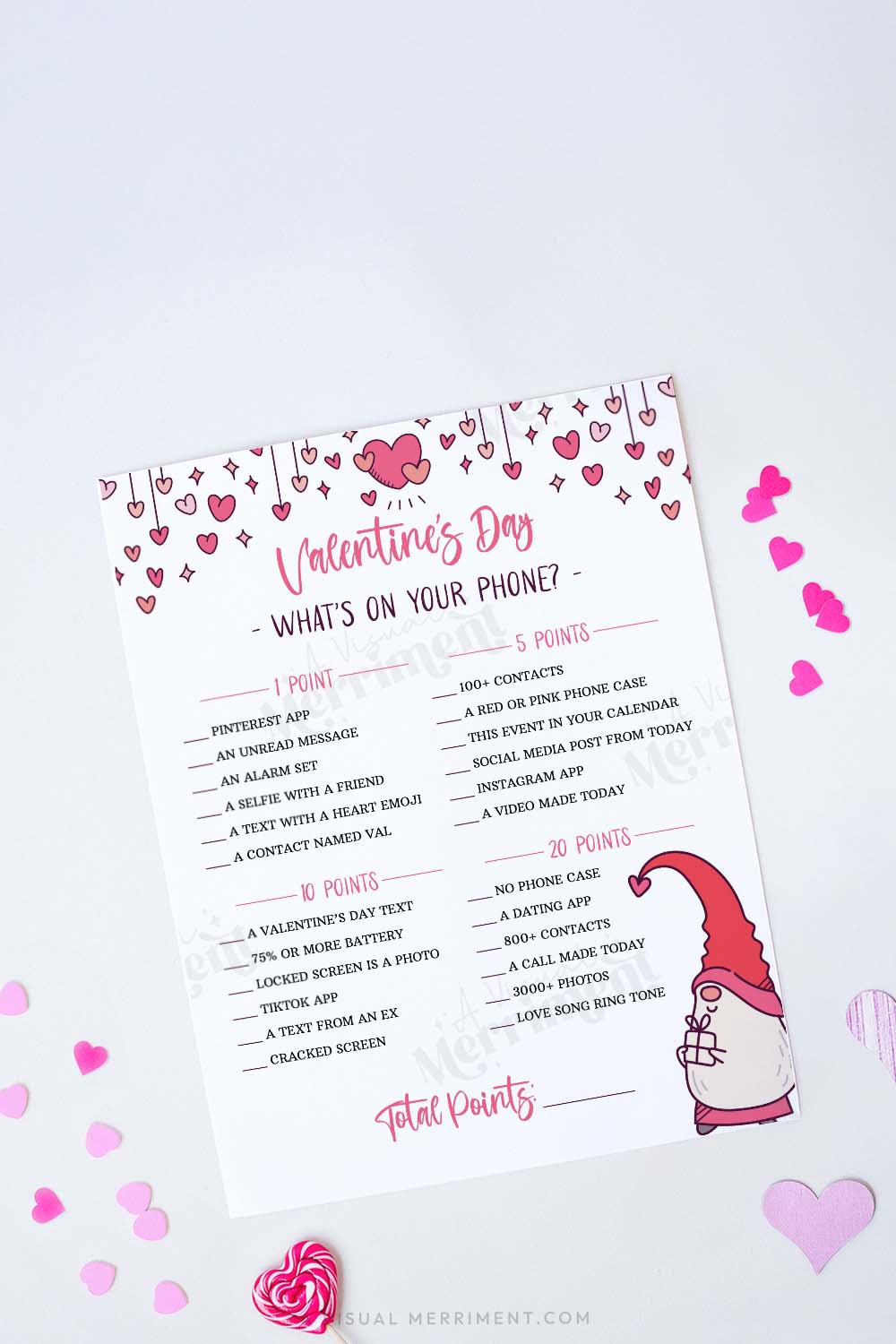 Valentine's Day what's on your phone game sheet with a gnome and hearts