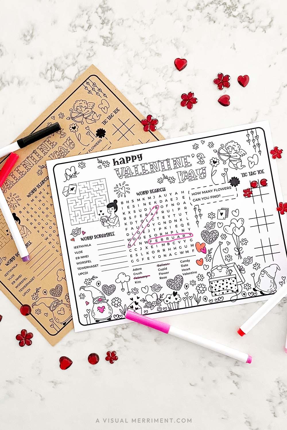 gnome theme Valentine's Day activity sheet with markers on marble surface