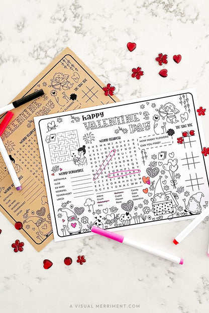 gnome theme Valentine's Day activity sheet with markers on marble surface