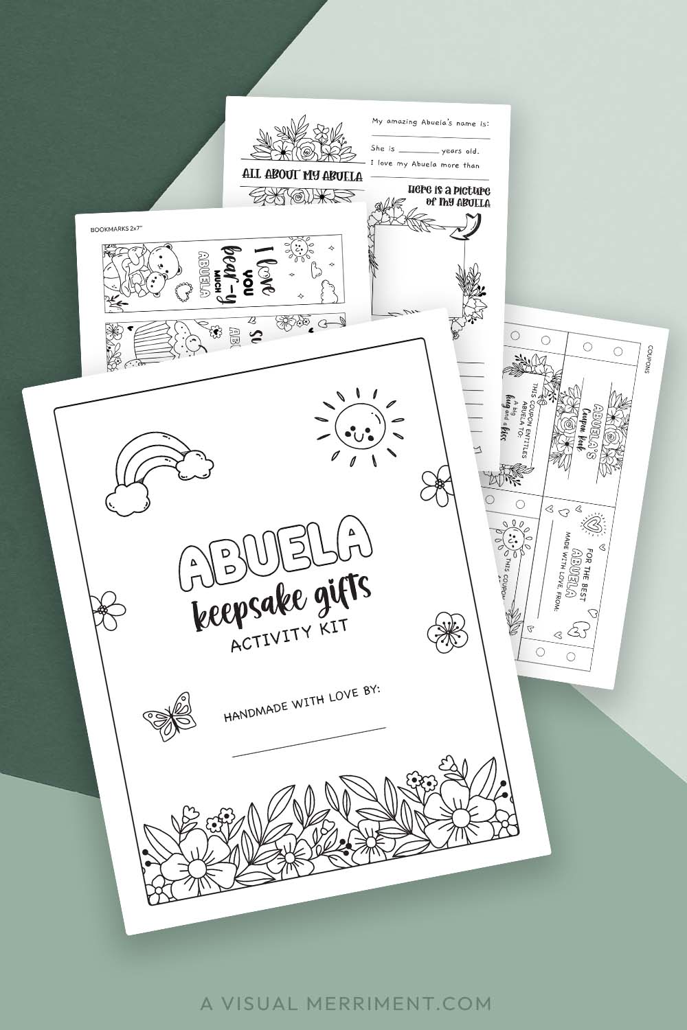 pages of printable gift for Abuela activity kit on green background