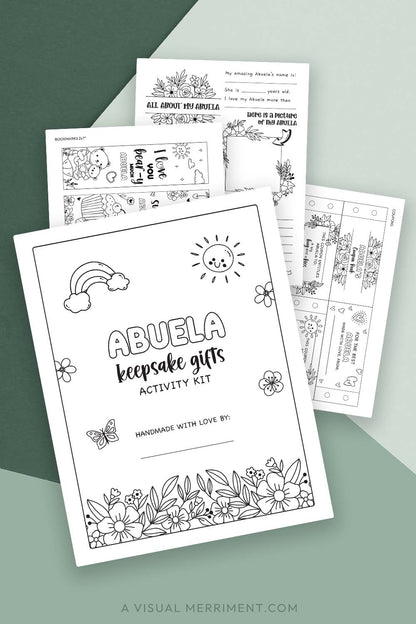 pages of printable gift for Abuela activity kit on green background