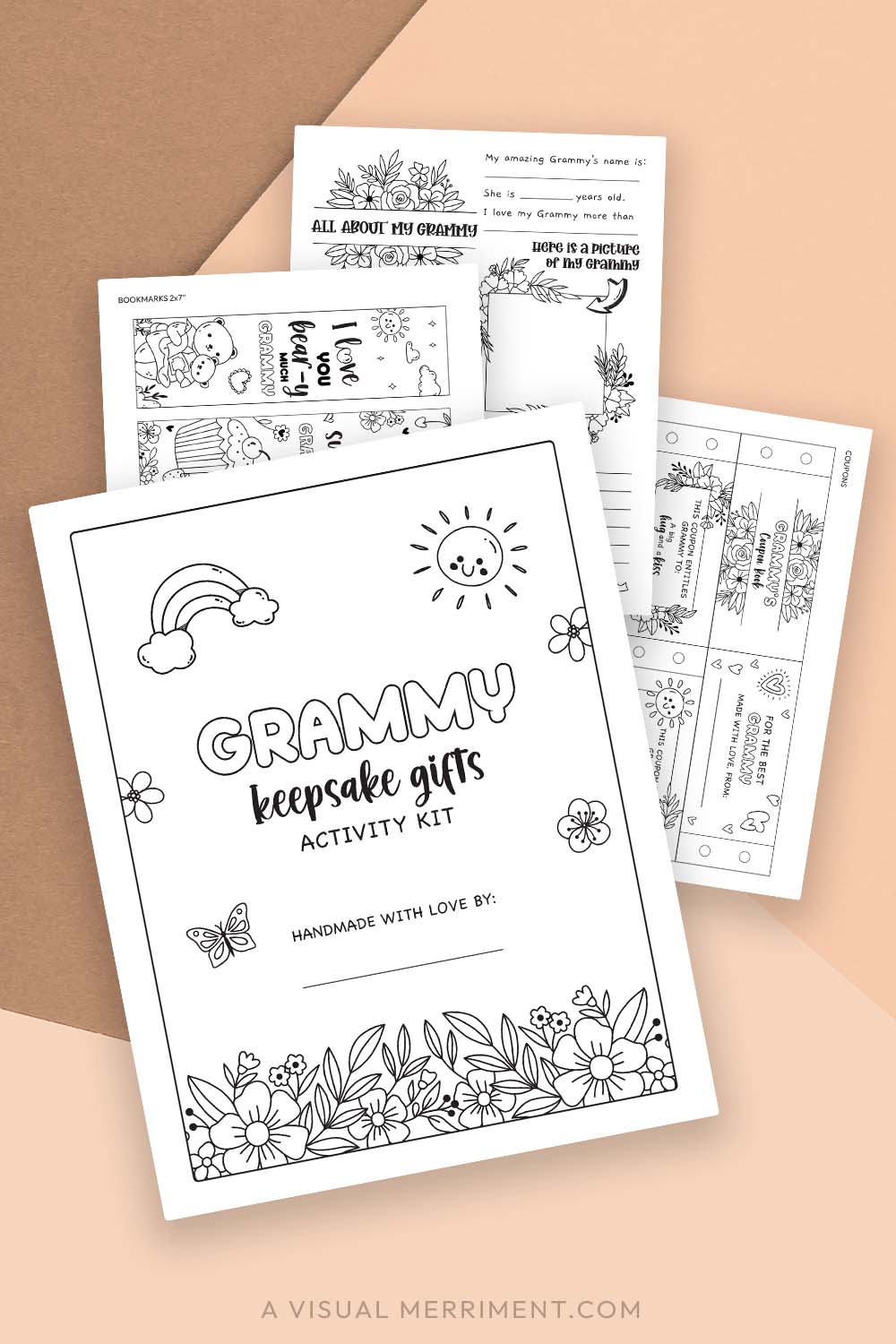 pages of printable gift for Grammy activity kit on beige background