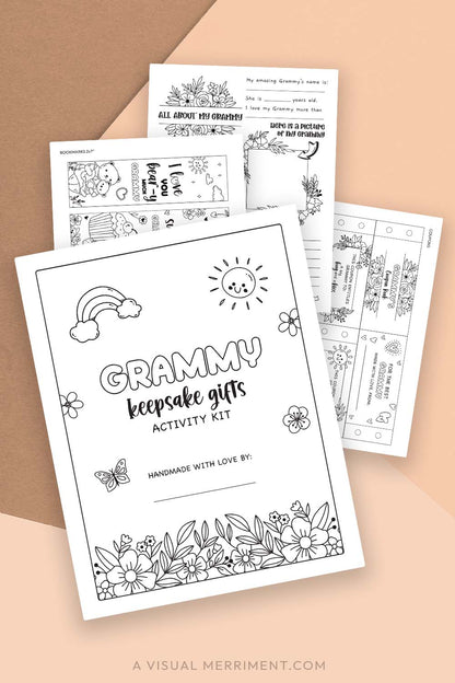pages of printable gift for Grammy activity kit on beige background