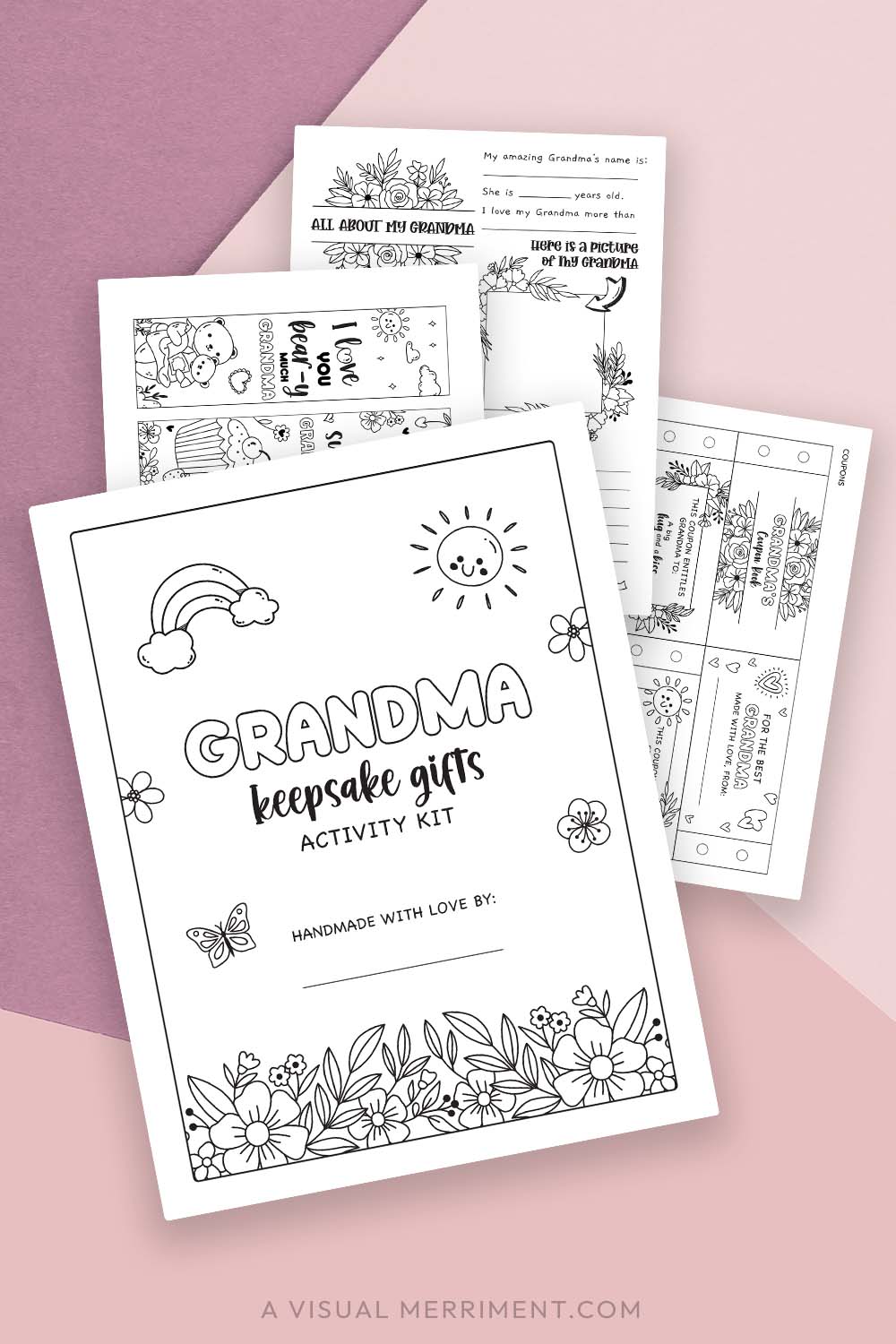 pages of printable gift for Grandma activity kit on purple pink background