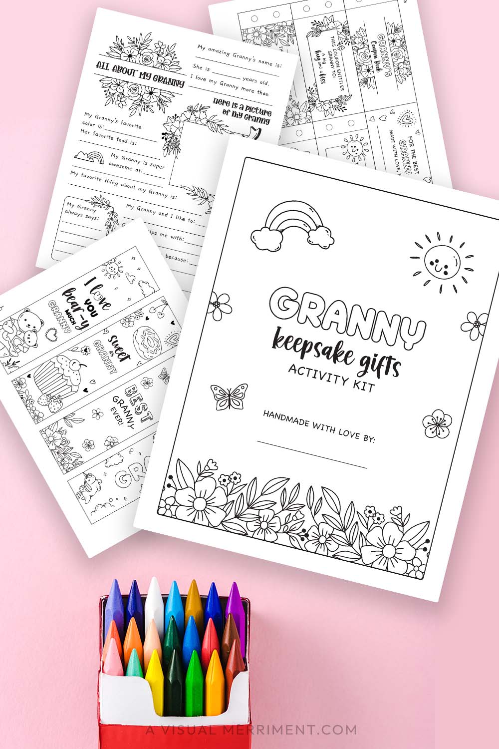 vertical of pages of printable gift for Granny activity kit with box of crayons
