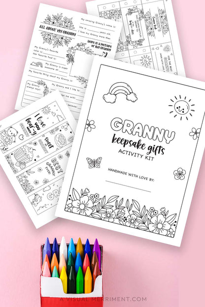 vertical of pages of printable gift for Granny activity kit with box of crayons