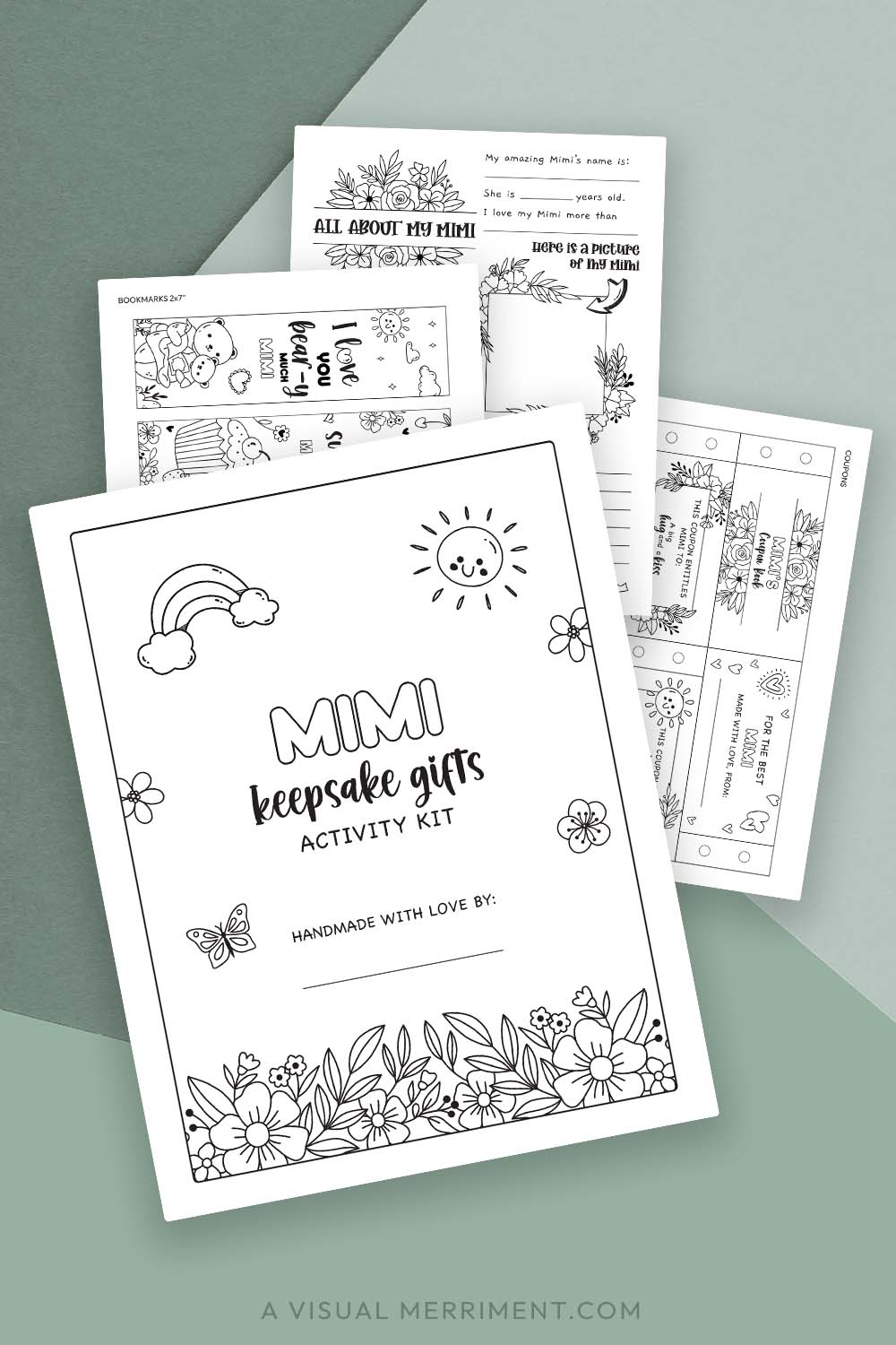 pages of printable gift for Mimi activity kit on green background