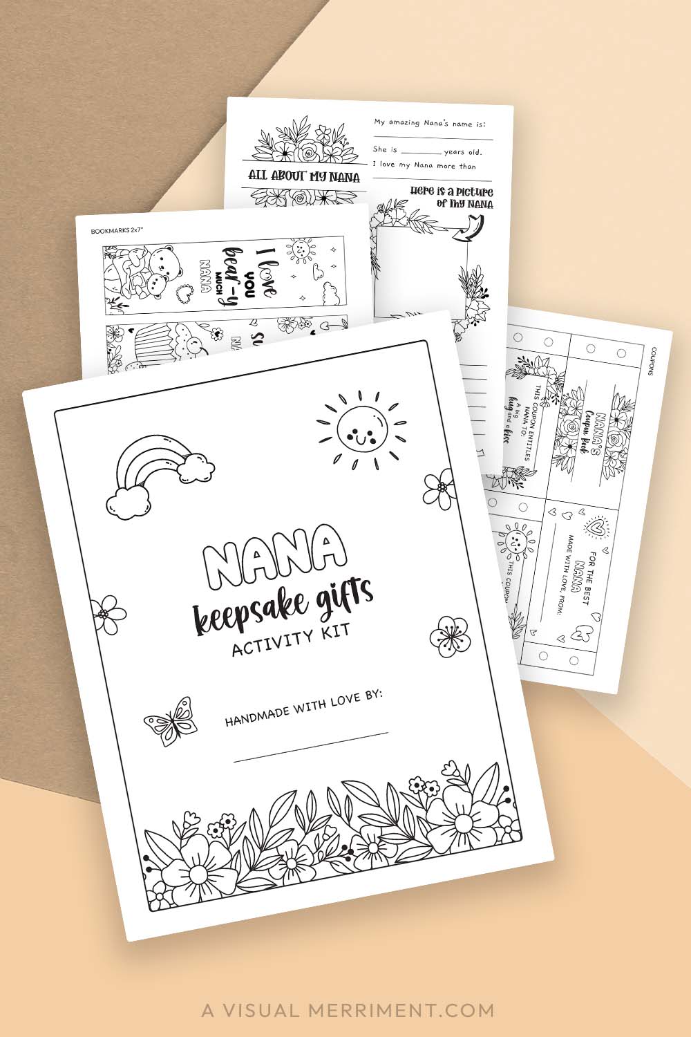 pages of printable gift for Nana activity kit on yellow background