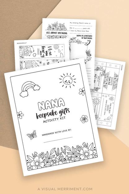pages of printable gift for Nana activity kit on yellow background
