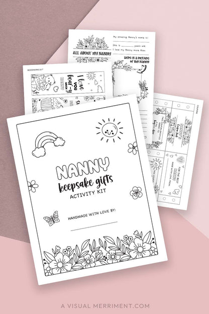 pages of printable gift for Nanny activity kit on pink background