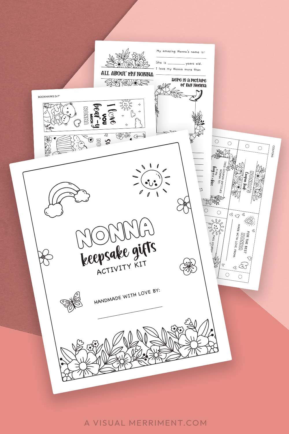 pages of printable gift for Nonna activity kit on orange background