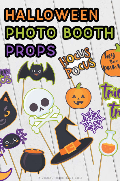 vertical graphic with set of halloween photo booth props printables on sticks 