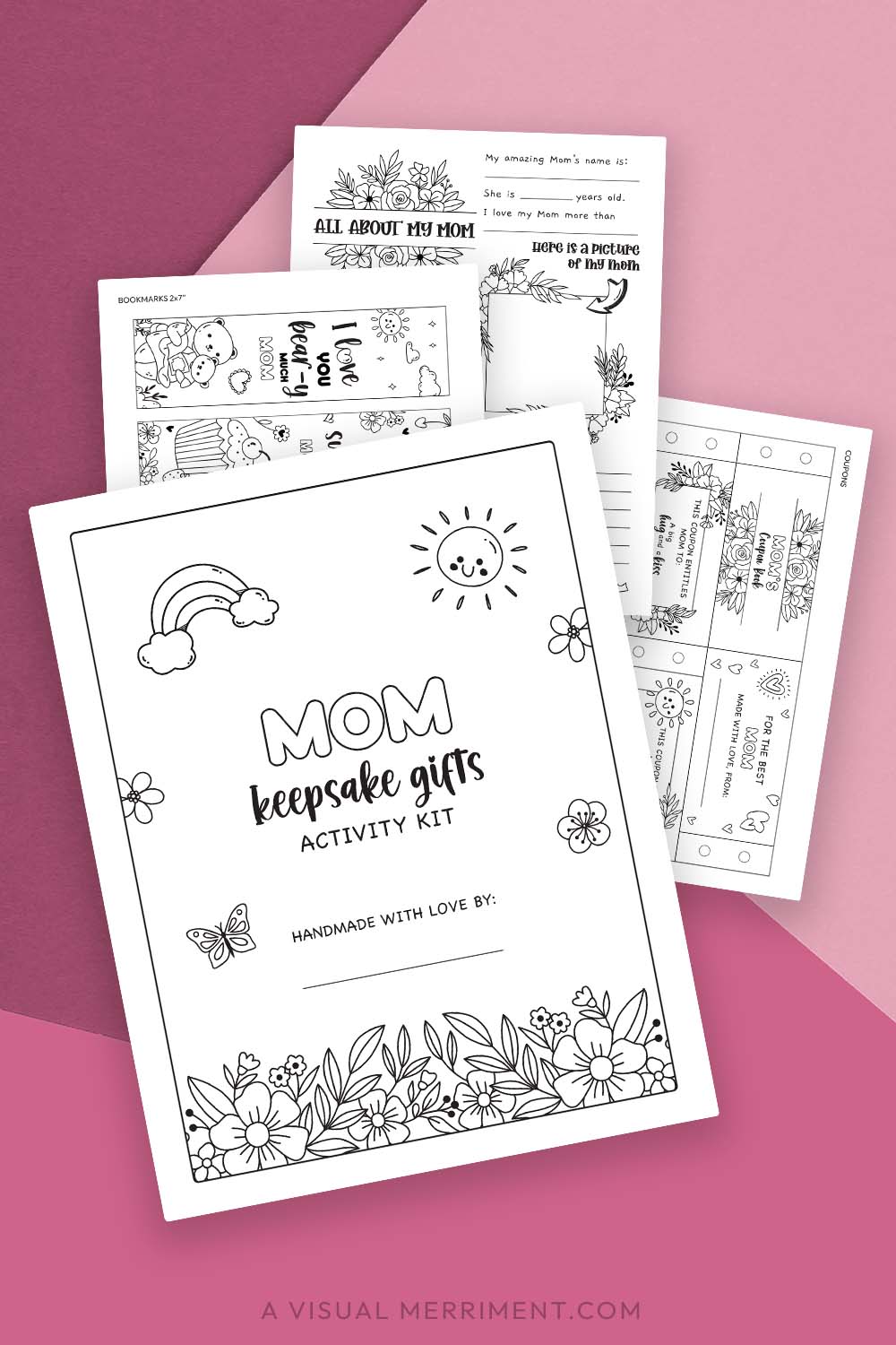 pages of printable gift for Mom activity kit on green background