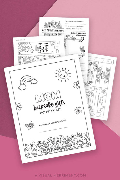 pages of printable gift for Mom activity kit on green background