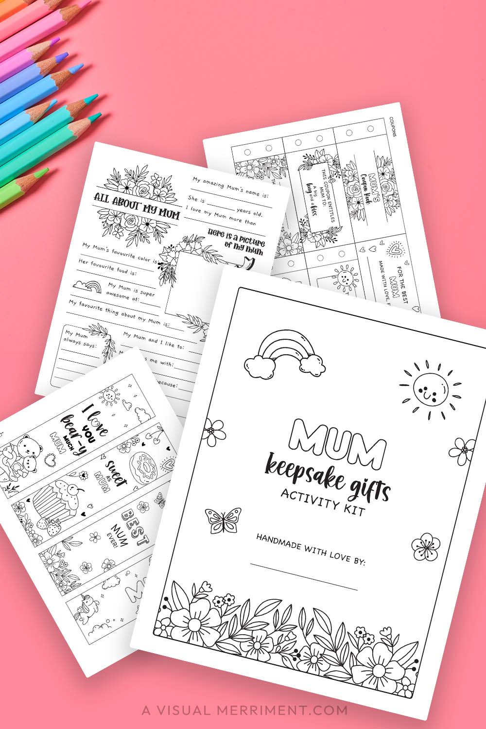 pages of printable gift for Mum activity kit on pink background