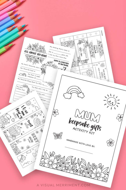 pages of printable gift for Mum activity kit on pink background