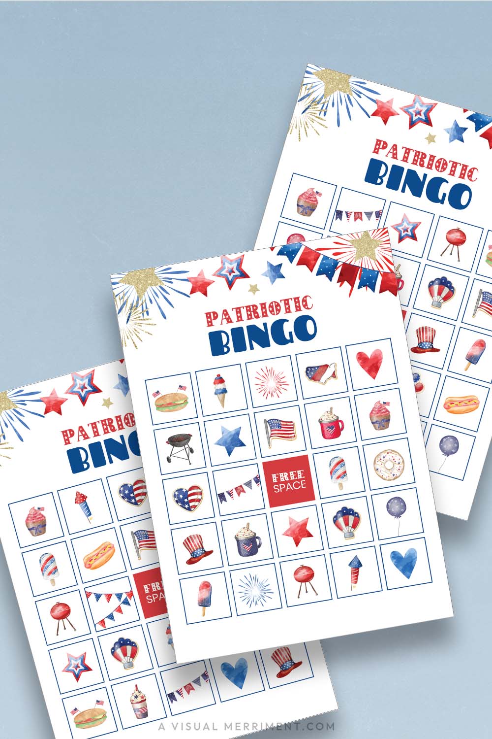 3 printable patriotic bingo game pages on blue background