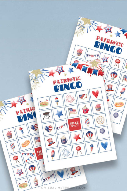 3 printable patriotic bingo game pages on blue background