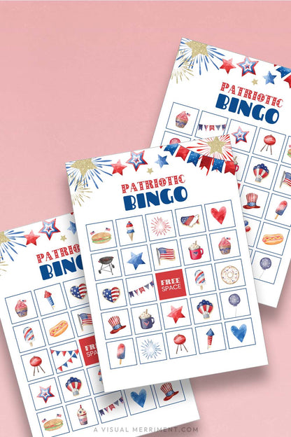 vertical of 3 printable patriotic bingo game cards with pink background