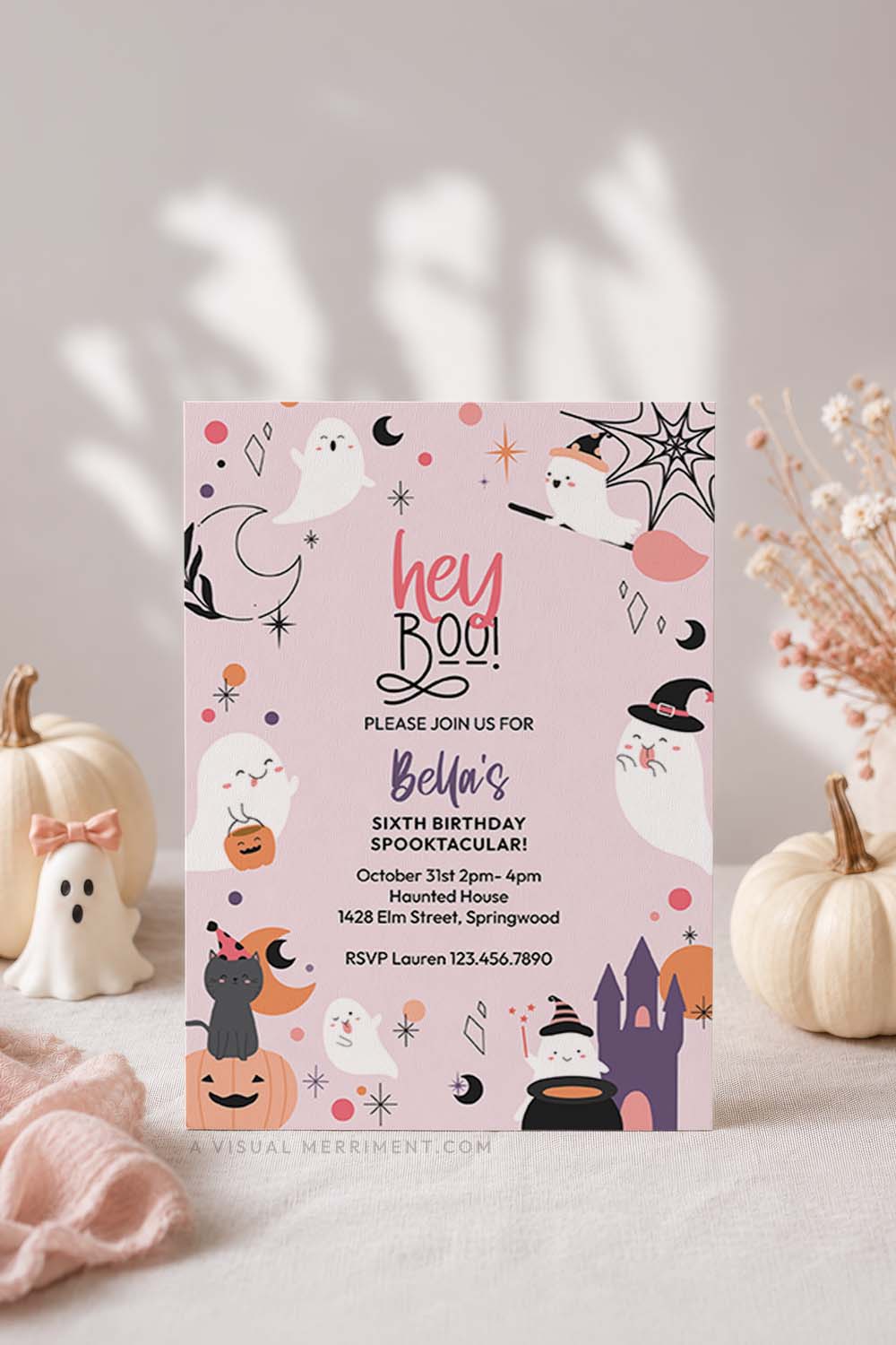 vertical of hey boo printable pink ghost Halloween party invitation with ghosts, cat, castle, stars and pumpkins in cute boho halloween scene