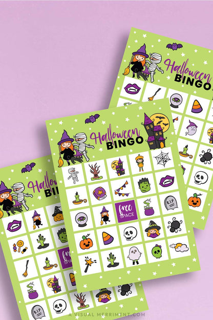 vertical of cute printable halloween bingo cards on purple background