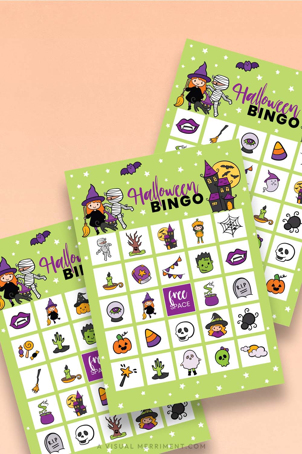 vertical of cute printable halloween bingo game cards on orange background
