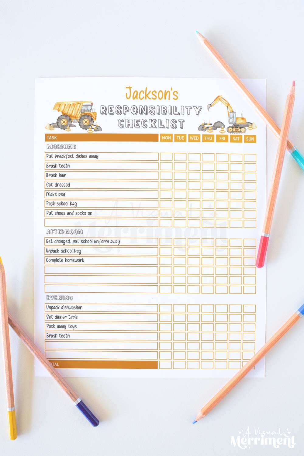 vertical of construction editable printable weekly responsibility checklist and pencils