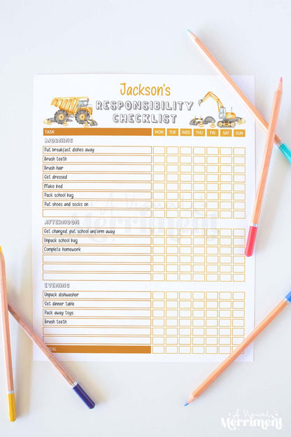 vertical of construction editable printable weekly responsibility checklist and pencils