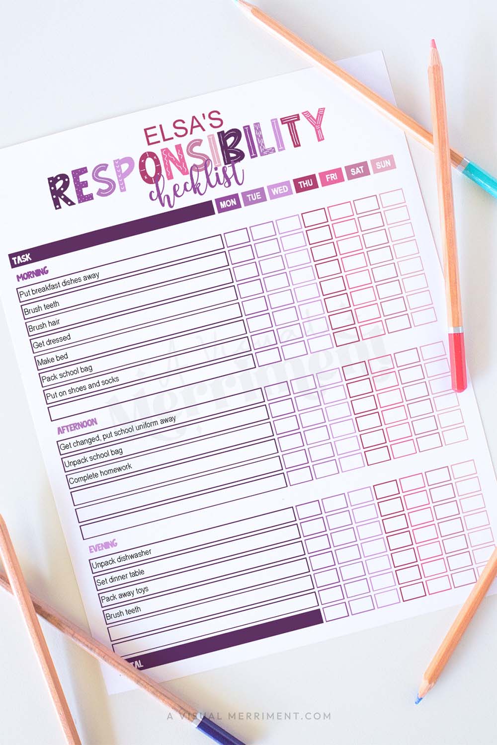 vertical of purple pink editable printable responsibility checklist with pencils