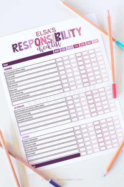 vertical of purple pink editable printable responsibility checklist with pencils