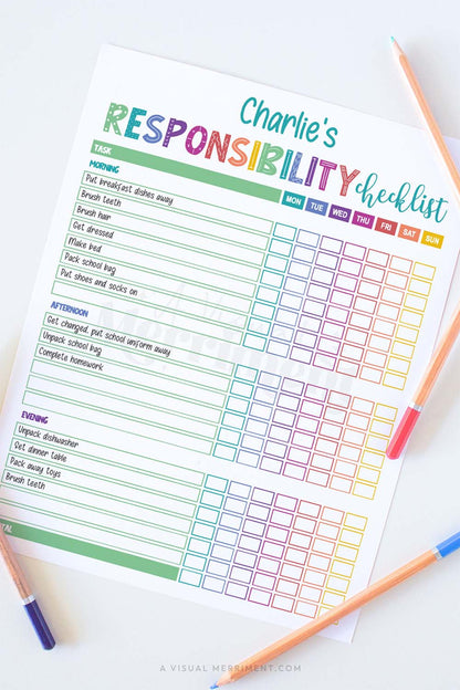 Vertical of Rainbow responsibility checklist editable printable
