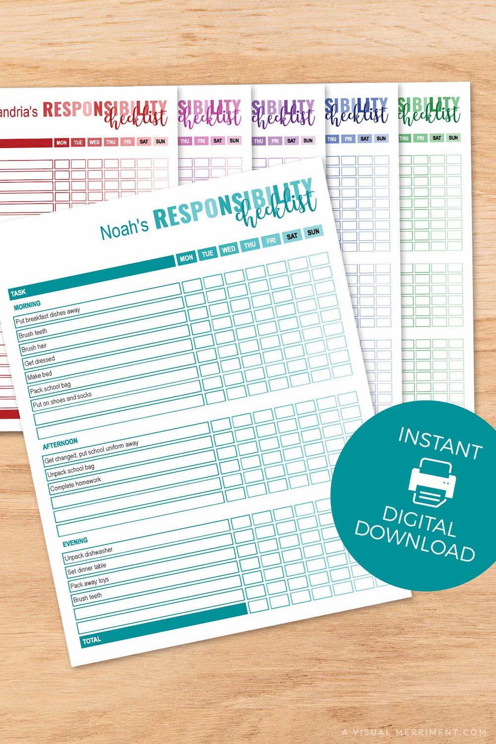 vertical graphic showing color-coded editable responsibility checklist in 6 colors