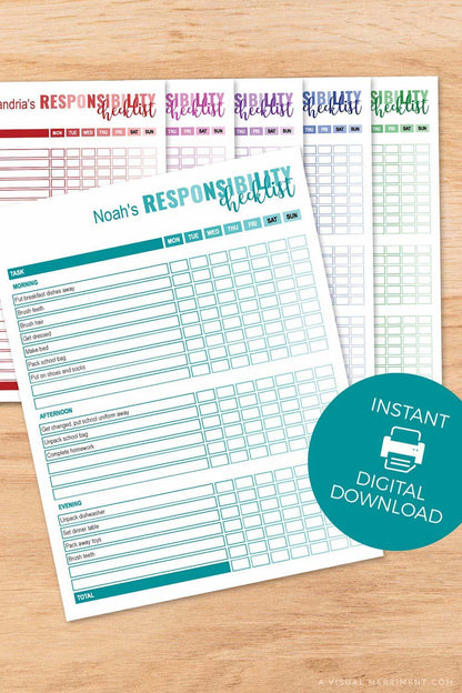 vertical graphic showing color-coded editable responsibility checklist in 6 colors