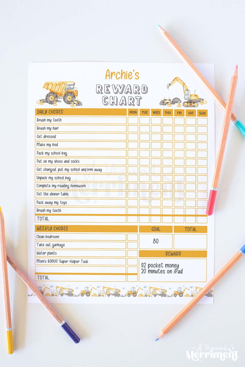 vertical of construction editable printable weekly reward chart and pencils