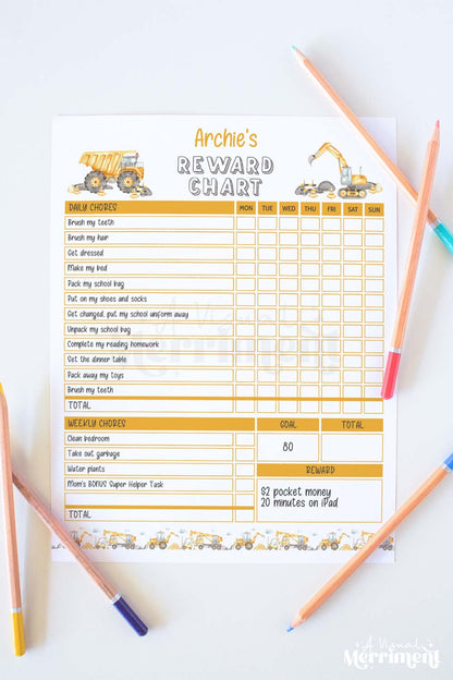 vertical of construction editable printable weekly reward chart and pencils