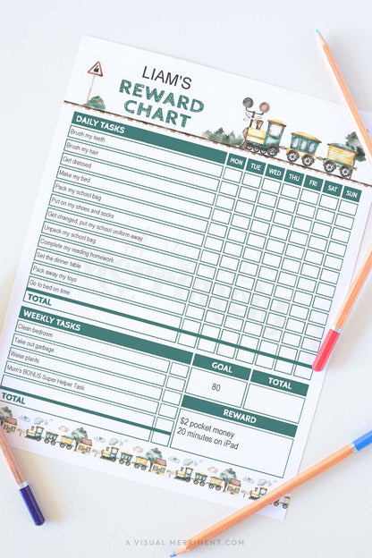vertical of vintage train editable printable reward chart with pencils