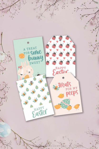 vertical of Four Easter gift tags with cute spring illustrations