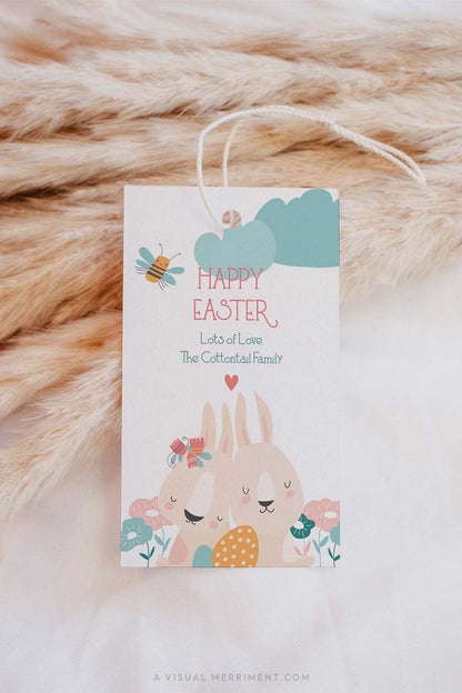 printed paper Spring Bunny Easter Gift Tag against boho stems