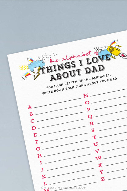 vertical of alphabet of things i love about dad father's day activity page on blue background