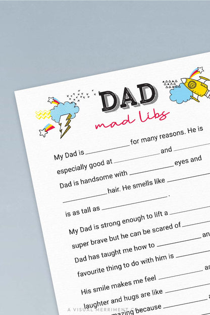 vertical of dad mad libs printable father's day game page on blue background