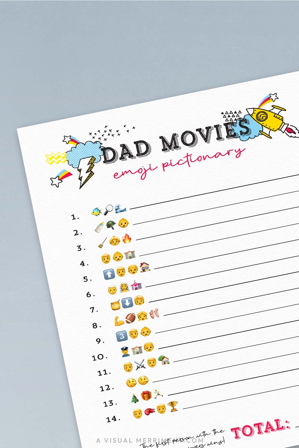 vertical of dad movies emoji pictionary printable father's day game page on blue background