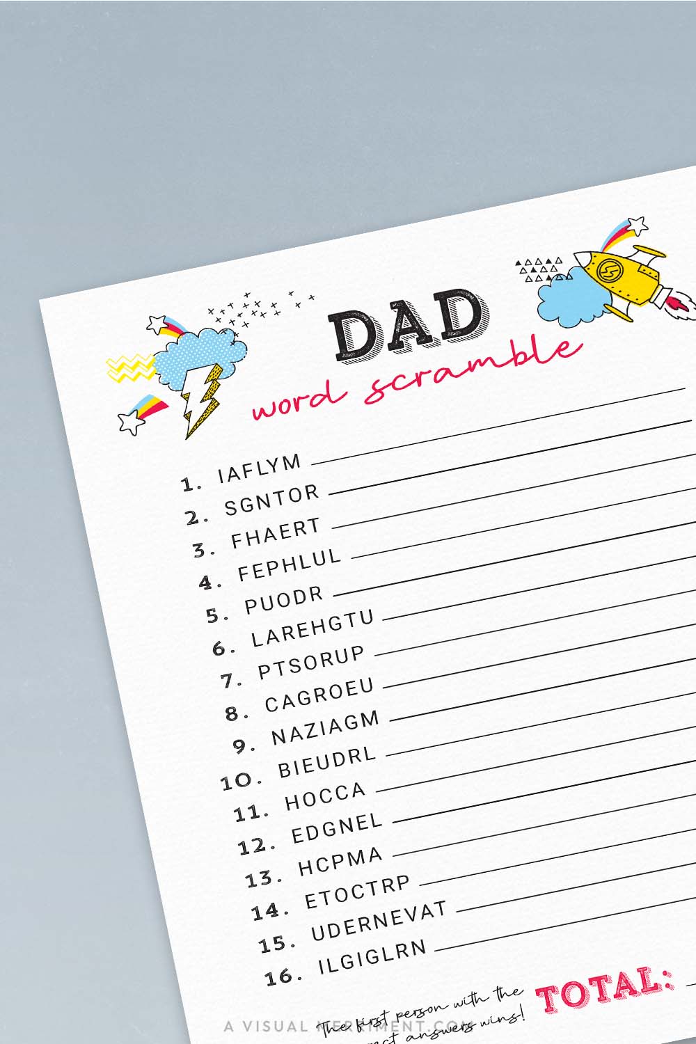 vertical of dad word scramble activity printable father's day game page on blue background