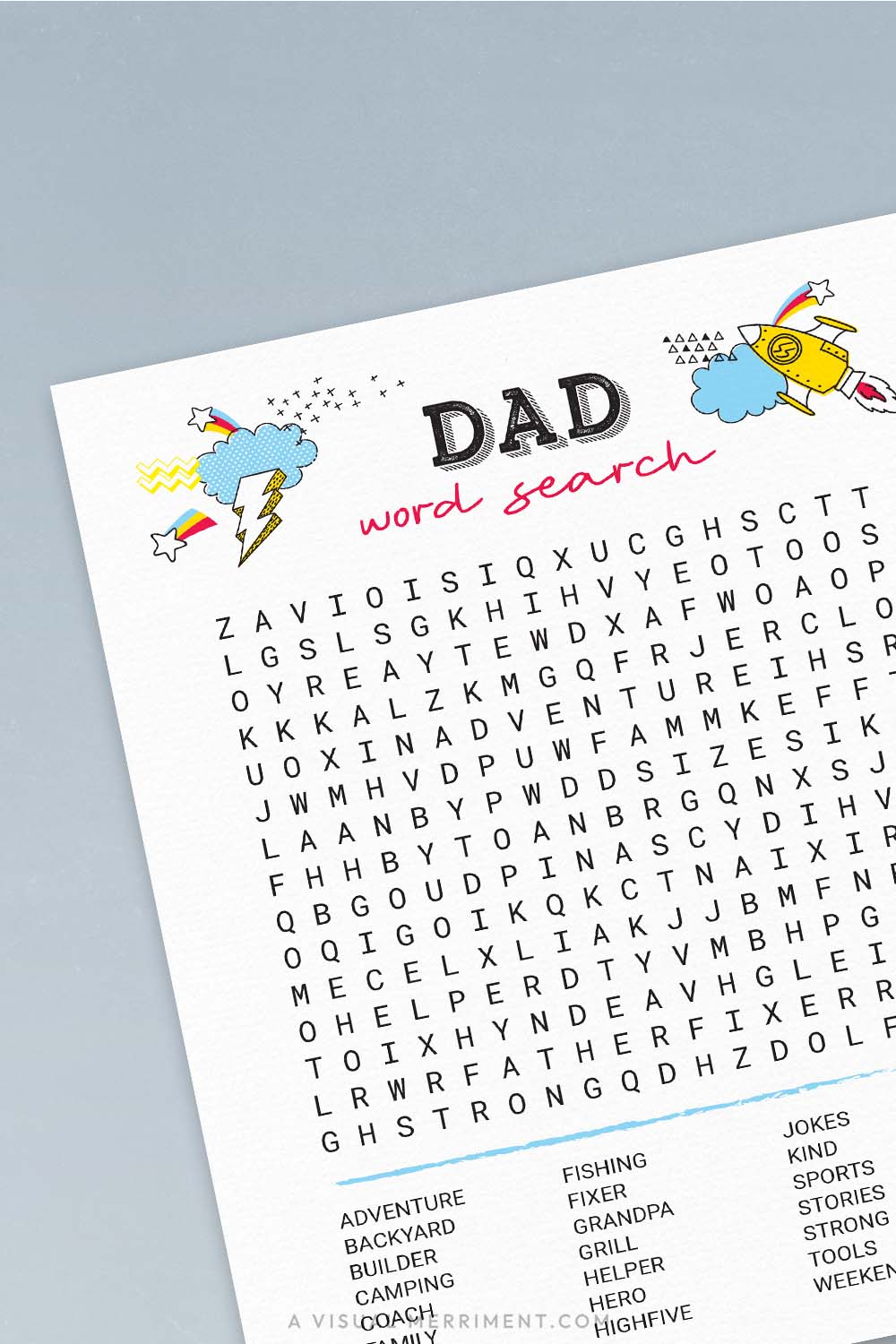 vertical of dad word search printable father's day game page on blue background