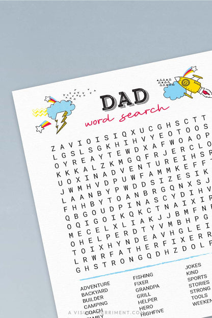 vertical of dad word search printable father's day game page on blue background