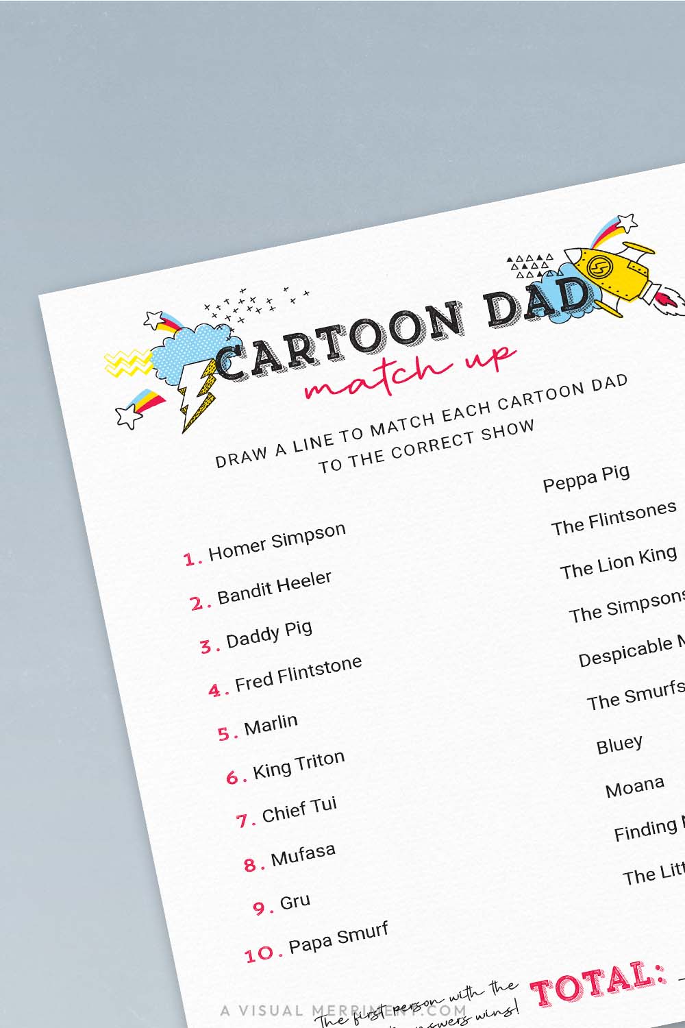 vertical of cartoon dad match up printable father's day game page on blue background