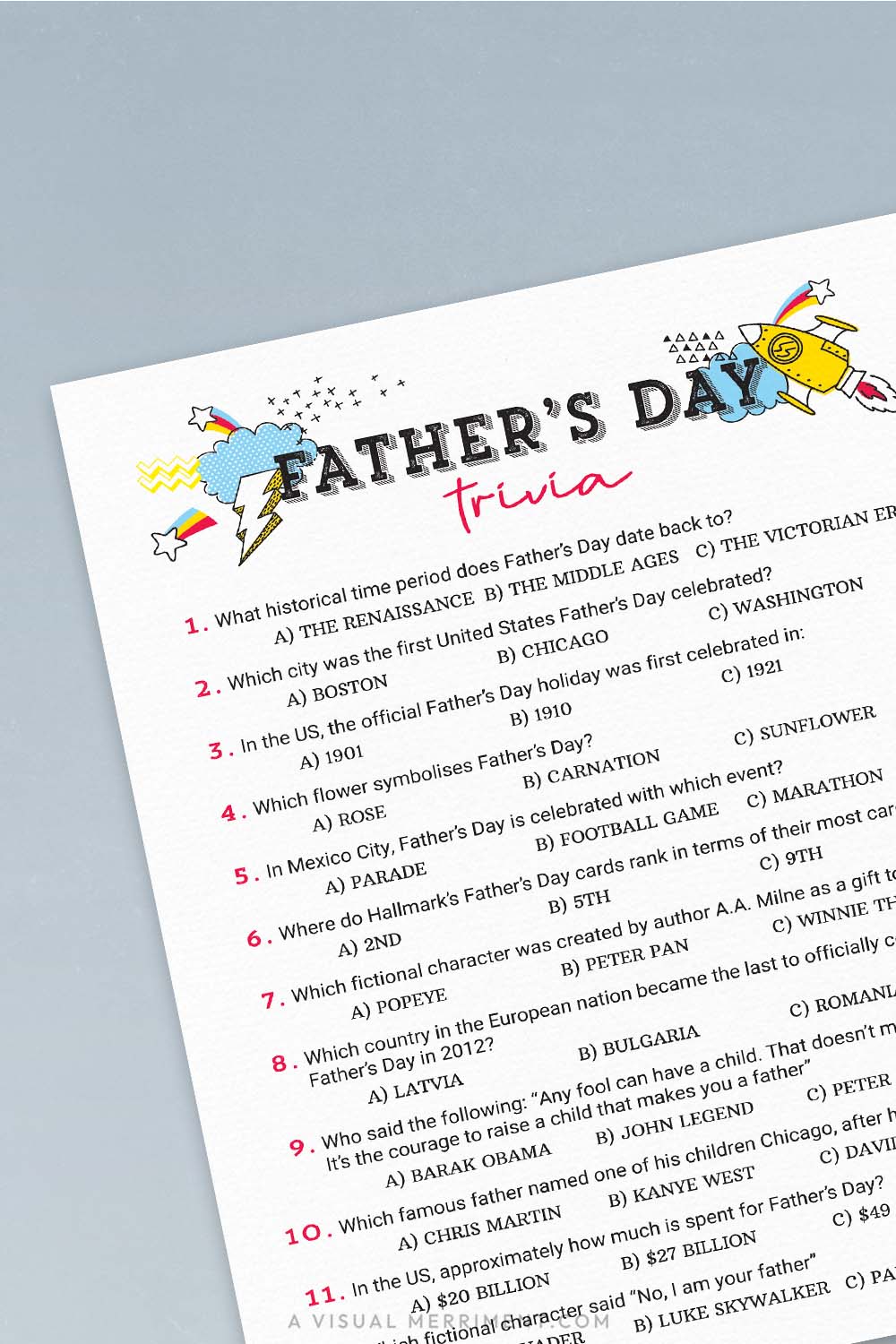 vertical of father's day trivia printable father's day game page on blue background
