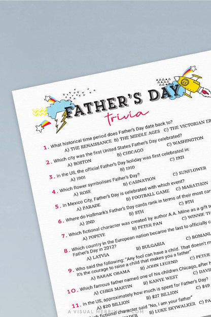 vertical of father's day trivia printable father's day game page on blue background