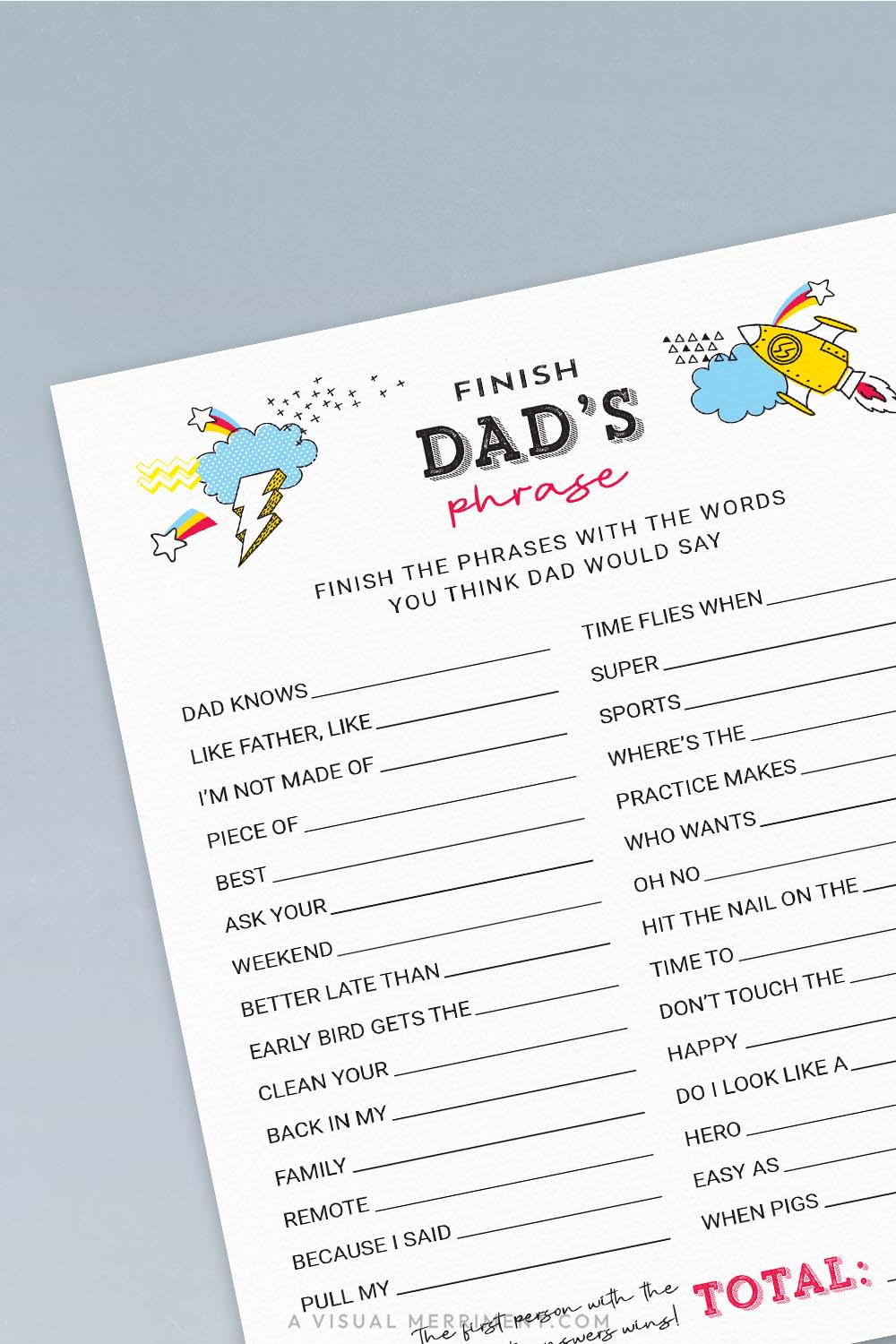 vertical of finish dad's phrase printable father's day game page on blue background